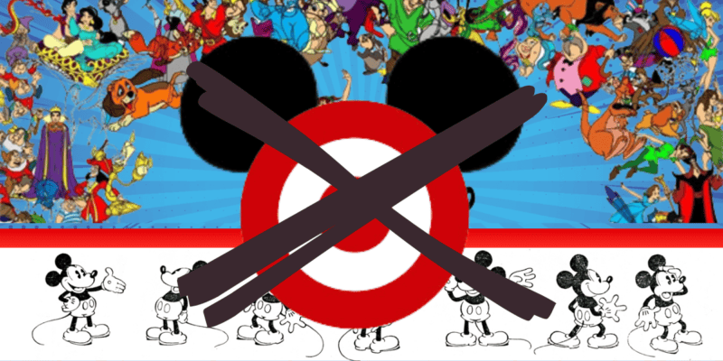 Collage featuring a variety of classic animated characters from different shows, with a large prohibition sign over a target symbol at the center, amid colorful, dynamic backgrounds.