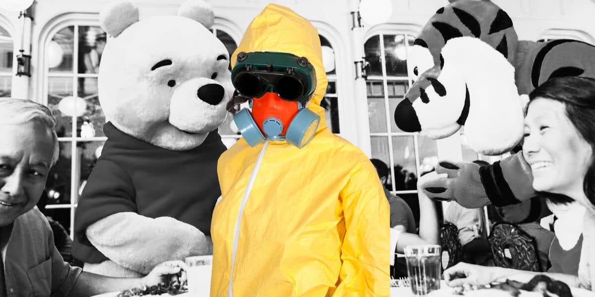 A person in a bright yellow hazmat suit and gas mask stands out in stark contrast against a black and white background filled with people in costume as beloved Disney World characters, wielding an air of surrealism
