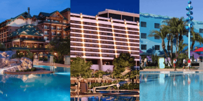 Three different hotels: a traditional hotel with a gabled roof at sunset, a modern white high-rise hotel near Disney World with palm trees, and a colorful, whimsical hotel with unique sculptures and palm