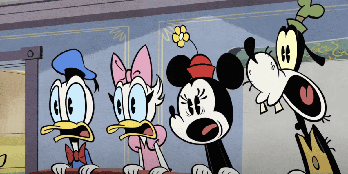 Animated characters donald duck, daisy duck, minnie mouse, and goofy depicted in a classic style, standing in a row with surprised expressions.