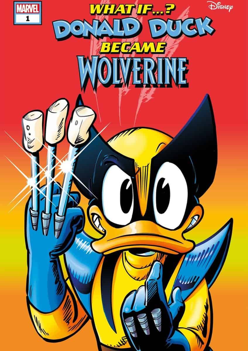 Comic book cover illustration showing donald duck dressed as wolverine, with three kitchen rolling pins as his claws, against a bright yellow and blue background with the title "what if...? donald duck became wolverine.