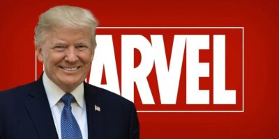 Former president Donald Trump smiling in a suit with a lapel pin next to the Marvel Studios logo on a red background.
