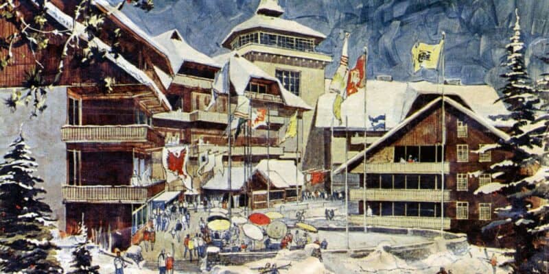 A bustling winter resort scene with guests arriving at a charming, snow-covered chalet adorned with flags, as skiers and vacationers enjoy the festive atmosphere.