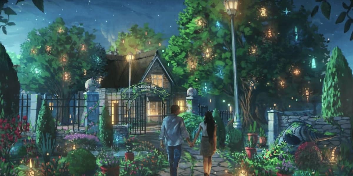 A couple holding hands walks towards a cozy, illuminated cottage surrounded by lush gardens and tall trees at night. stone pathway, vibrant flowers, and warmly lit street lamps enhance the romantic setting.