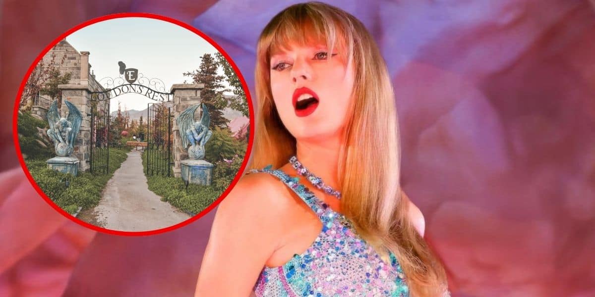 A split image featuring a garden entrance with statues on the left, and a woman with bangs and a sequin top posed dramatically on the right, surrounded by a blurred pink border.