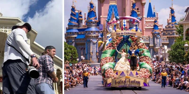 Left: Two Disney influencers with large cameras standing up. Right: The Festival of Fantasy parade makes its way down Main Street, U.S.A., in front of Cinderella Castle.