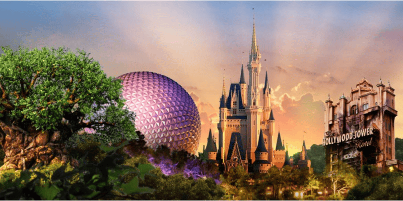 Composite image featuring iconic disney theme park landmarks: epcot's spaceship earth, cinderella castle, and the hollywood tower hotel, set against a dramatic sunset sky with Disney hotels in the backdrop.