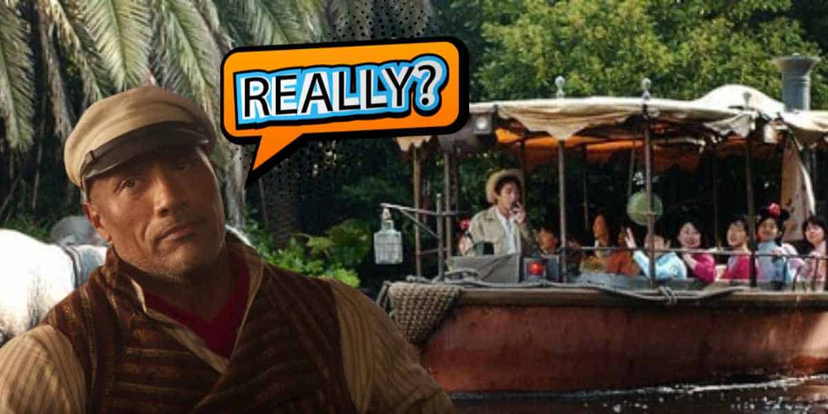 Dwayne Johnson, wearing a skipper hat, looks skeptically to the side with a comic-style speech bubble saying "really?" next to him. In the background, is a Jungle Cruise boat