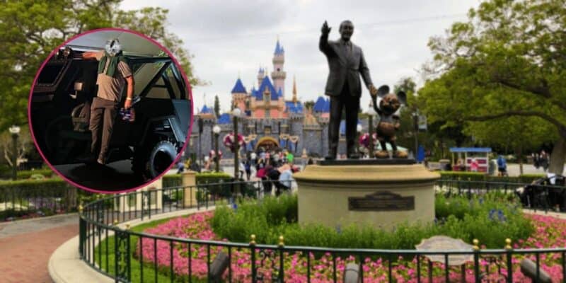 An image of the hub at Disneyland Resort with some guests in front of Sleeping Beauty Castle. In a circular cutout is a man standing on a jeep at DCA with his face blurred.