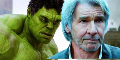 Image showing a split scene with the hulk on the left looking angry and intense, and Harrison Ford with a contemplative expression on the right, set against a blurred background.
