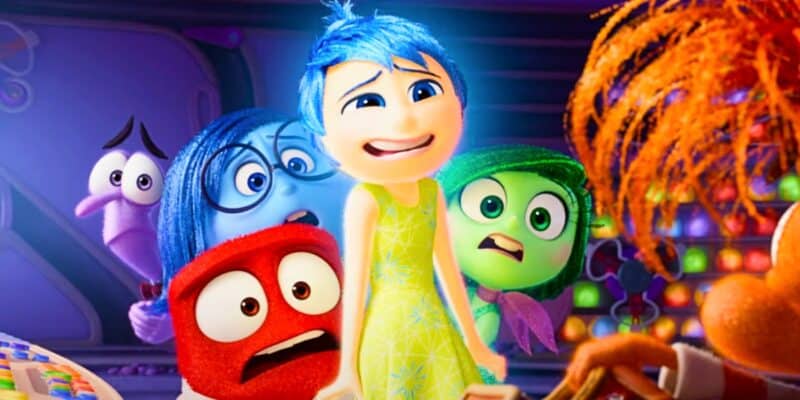 Animated characters from the movie "inside out" with joy in the center, surrounded by sadness, anger, and disgust, in a colorful setting, expressing a range of emotions.