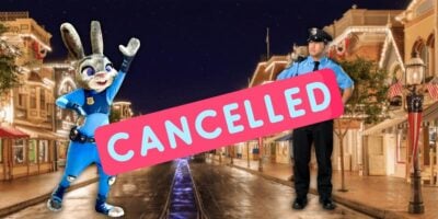 Judy Hopps and a police officer edited onto an image of Main Street, U.S.A. at Disneyland at night with the word "cancelled" superimposed on top.