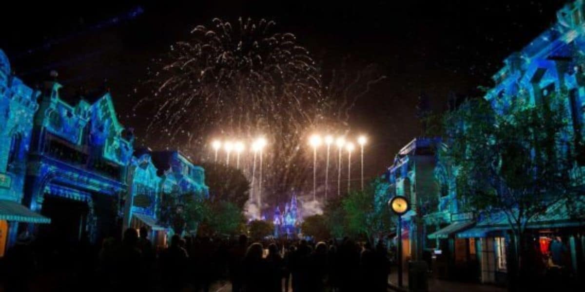 Disneyland Park's fireworks over Sleeping Beauty Castle as seen from the end of Main Street, U.S.A.