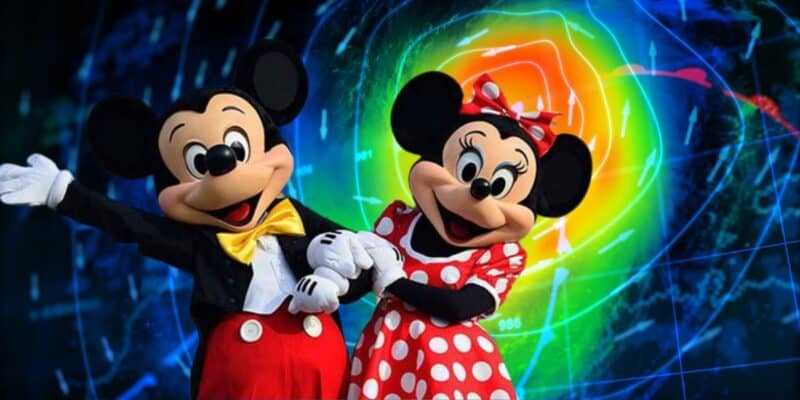 Mickey and minnie mouse in front of a vibrant digital backdrop featuring a glowing green world map with dynamic weather patterns.