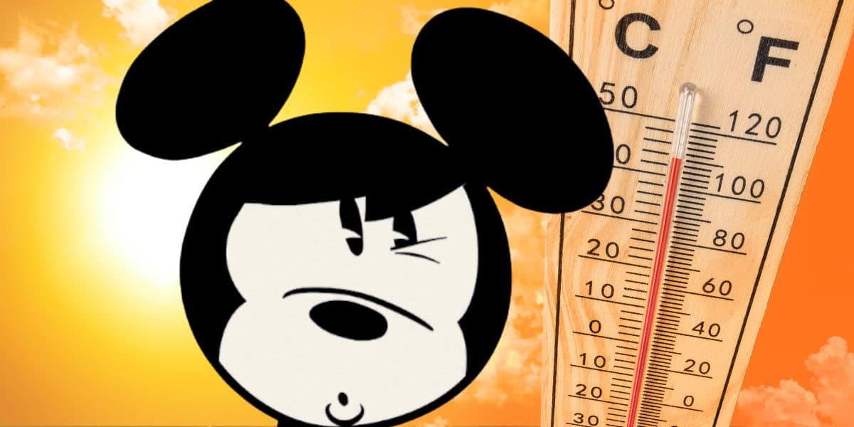 A whimsical illustration featuring a mickey mouse silhouette against a warm, orange backdrop, next to a thermometer indicating hot temperature.