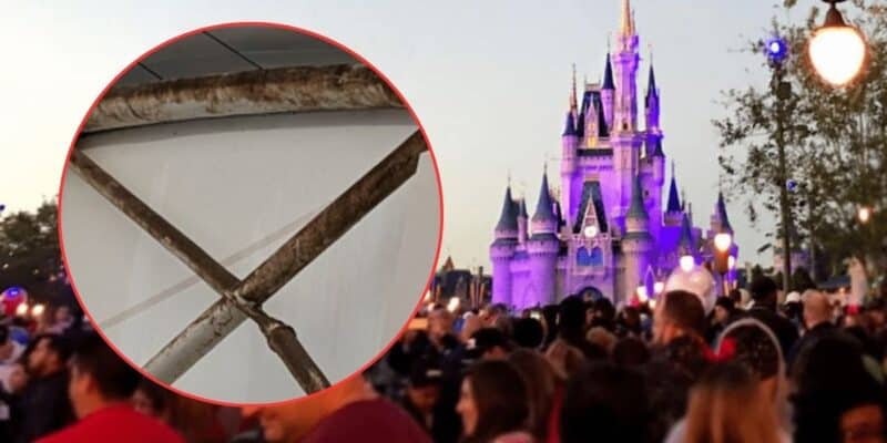 An image divided into two sections; on the left, a close-up of a rusted metal joint, and on the right, a crowded scene at dusk with people and the iconic silhouette of disney's cinderella castle in the background.