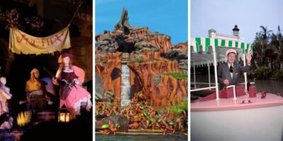 Three Disney attractions called out for so-called woke changes: Pirates of the Caribbean (auction scene), Splash Mountain, and Jungle Cruise (driven by Walt Disney in this photo).