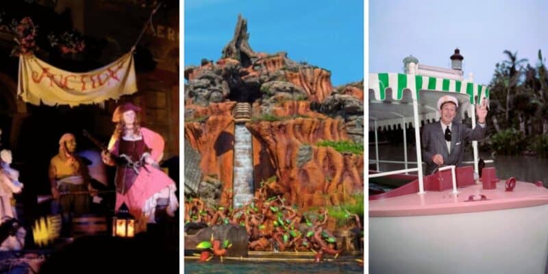 Three Disney attractions called out for so-called woke changes: Pirates of the Caribbean (auction scene), Splash Mountain, and Jungle Cruise (driven by Walt Disney in this photo).