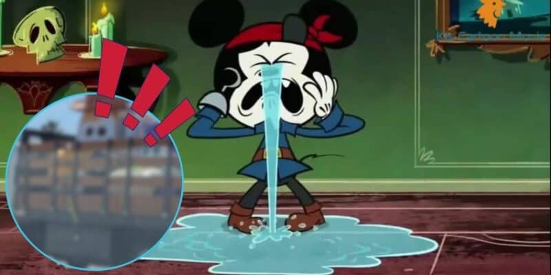 Mickey Mouse crying next to red exclamation points and a blurred image of Disney Park props on a truck.