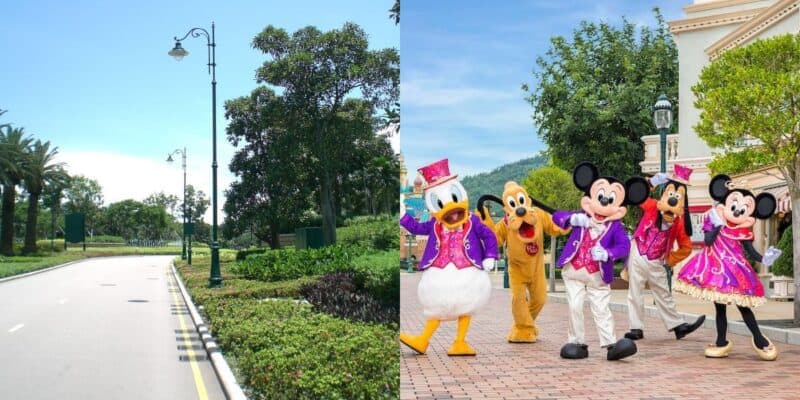 (Left) a road at Hong Kong Disneyland, (Right) Mickey Mouse, Minnie Mouse, and other cartoon characters walking joyfully on a park pathway, dressed in colorful costumes.