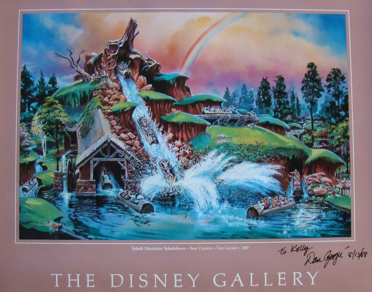 Vibrant concept art of splash mountain at disneyland, featuring a rainbow arching over the whimsical log flume attraction, with lush greenery and the iconic mountain in the background, displayed at the disney gallery done by Dan Goozee.