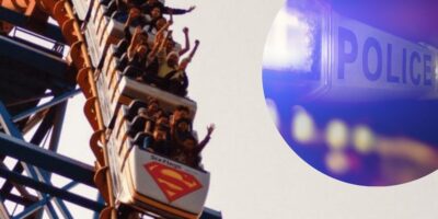 Six Flags Over Georgia Superman rollercoaster with a police bar