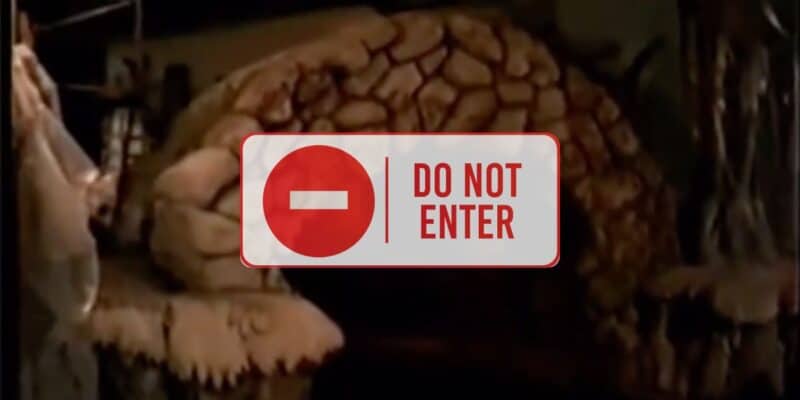 A "Do Not Enter" sign superimposed on an image of Splash Mountain under construction.