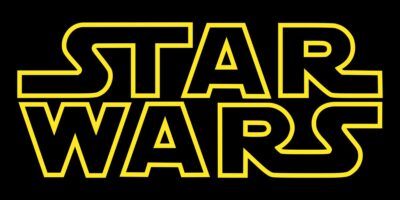 Iconic yellow and black "star wars" logo on a dark background.