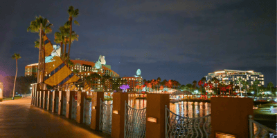 Night view of a waterfront promenade with illuminated figures and palm trees, a calm river reflecting city lights, and buildings in the background under a cloudy sky.