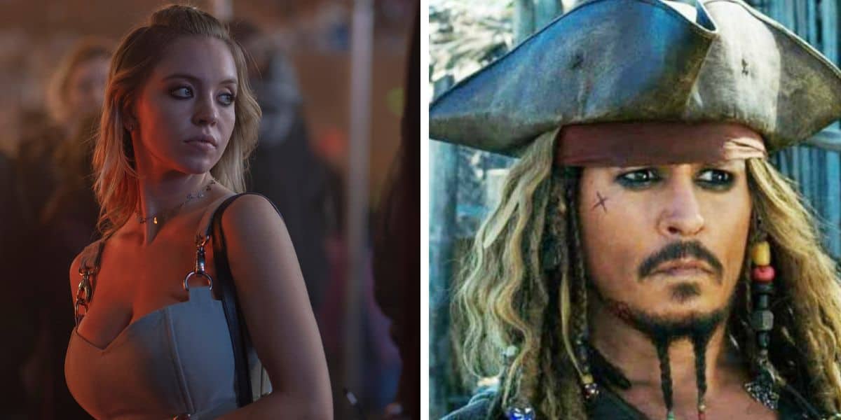 A side-by-side comparison of two distinct cinematic characters: on the left, a Sydney Sweeney with a pensive expression and casual outfit; on the right, Johnny Depp as a whimsical pirate