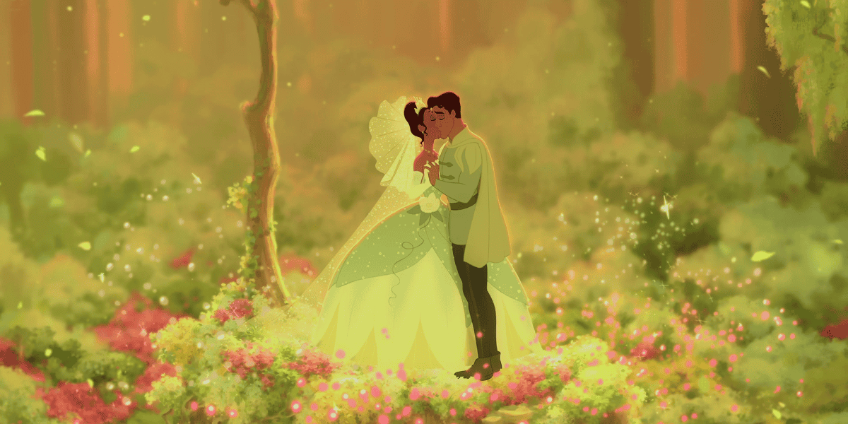 An animated scene of a couple dancing in a sunlit forest clearing, surrounded by lush greenery and colorful flowers, conveying a romantic and magical atmosphere reminiscent of Tiana's Bayou Adventure.