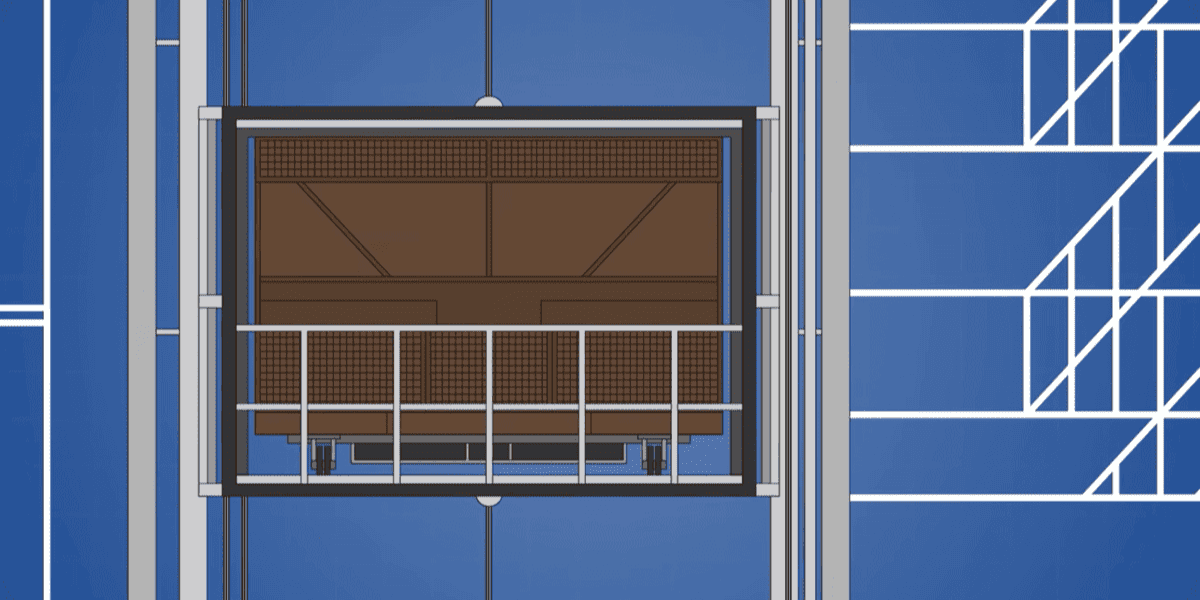 Technical drawing of Disney's Tower of Terror elevator in a blue outlined building facade, showing an interior view of the elevator with brown benches.