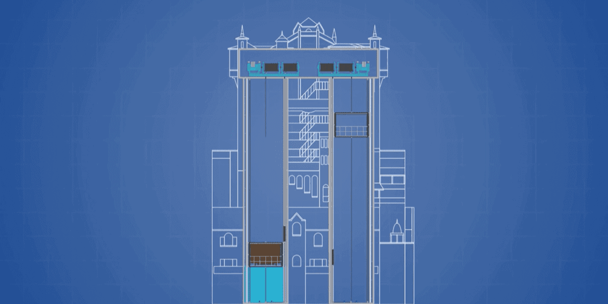 Line drawing of a complex building on a blue background, featuring a prominent Disney's Tower of Terror flanked by symmetrical structures, portrayed in a minimalist white outline style.