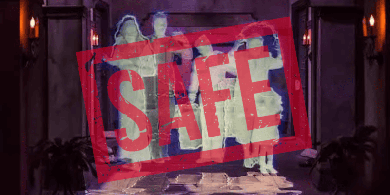 Image of a spooky, ghostly scene within Disney's Tower of Terror, overlaid with a large red "safe" watermark across the center.