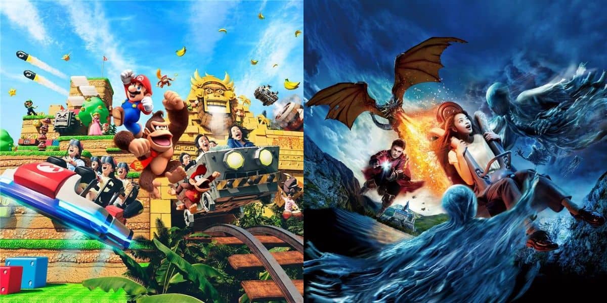Left: mario and friends racing in karts on a vibrant, colorful track with whimsical obstacles. right: a dramatic fantasy battle scene featuring a warrior woman and a dragon in a stormy ocean setting.