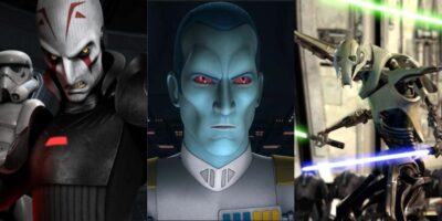 A collage of three Star Wars characters from animated series: left, General Grievous in a menacing pose; center, Grand Admiral Thrawn with a serious expression; right, Grievous dueling