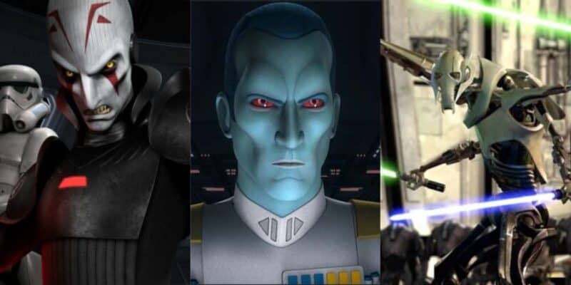 A collage of three Star Wars characters from animated series: left, General Grievous in a menacing pose; center, Grand Admiral Thrawn with a serious expression; right, Grievous dueling