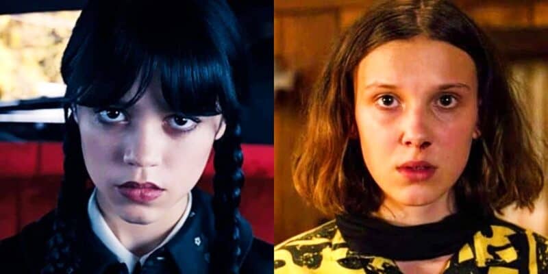 Wednesday (Jenna Ortega) and Eleven (Millie Bobby Brown) in collage