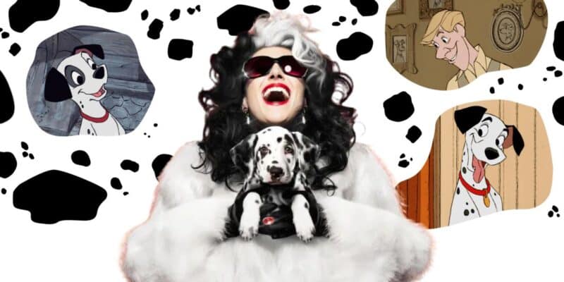 A person with black and white hair in a Cruella de Vil style, wearing sunglasses and a white fur coat, holds a Dalmatian puppy. Surrounding them are three animated Dalmatians from "101 Dalmatians" and another character from the classic 101 Dalmatians animation. Black spots fill the background.