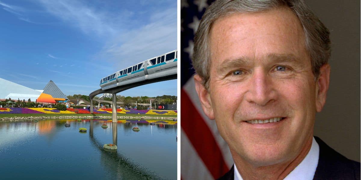Left side: A monorail travels over water near futuristic buildings and colorful flower beds under a clear blue sky. Right side: A close-up portrait of a smiling man with graying hair in a suit, resembling the Disney President, against a background featuring part of an American flag.