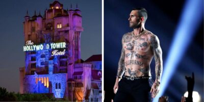 A split image shows the Hollywood Tower Hotel attraction at Disney World on the left, illuminated at night with "The Hollywood Tower Hotel" sign visible. On the right, a shirtless man from Maroon 5, wearing black pants and showcasing tattoos, performs on stage under bright lights.