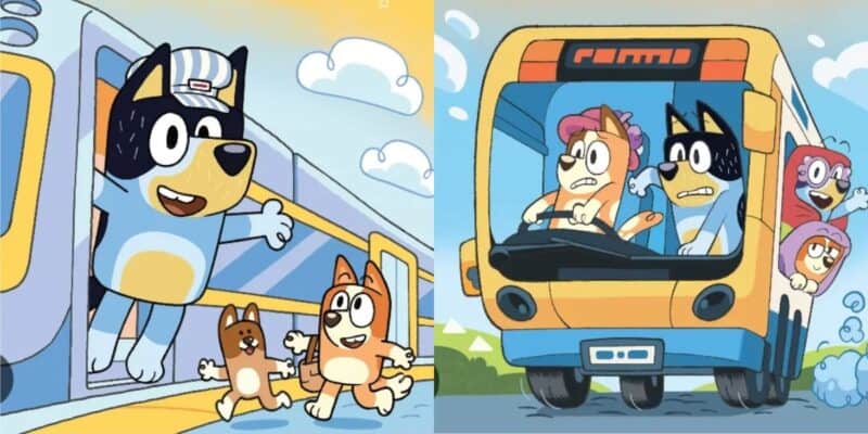A colorful cartoon image featuring two scenes. In the first, Bluey in a conductor's hat helps two smaller dogs off a train. In the second, a dog drives a bus with three excited passengers. Both scenes are lively and depict cheerful characters.
