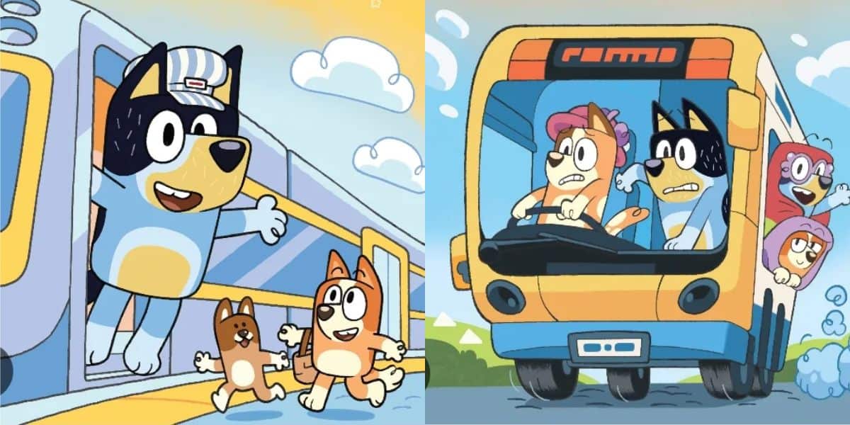 A colorful cartoon image featuring two scenes. In the first, Bluey in a conductor's hat helps two smaller dogs off a train. In the second, a dog drives a bus with three excited passengers. Both scenes are lively and depict cheerful characters.
