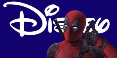 A character in a red and black costume, reminiscent of Deadpool, wearing a mask and giving a thumbs up, stands in front of a blue background with the white Disney logo. Two black swords are visible on their back.