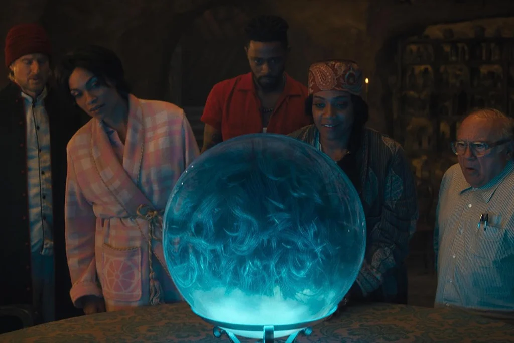 Tiffany Haddish, Rosario Dawson, LaKeith Stanfield, Danny Devito, and Owen Wilson in Disney's Haunted Mansion 2023
