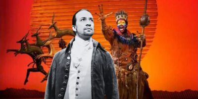 A grayscale image of a person in historical attire is superimposed on a vibrant orange background featuring silhouettes of animals reminiscent of The Lion King and a colorful theatrical performer. The performer wears a mask and headdress, creating a dynamic and dramatic scene.