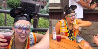 Two images show a person happily celebrating a 21st birthday. In the first, wearing Mickey Mouse ears and novelty sunglasses that read "FINALLY21," they hold a drink at EPCOT. In the second, seated at a picnic table, they are laughing and pointing excitedly as if sharing a hilarious YouTuber moment.