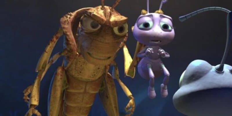 Two animated insects from a Disney/Pixar movie, one resembling a grasshopper and the other a purple ant, having a conversation under dim light, with a surreal, oversized pair of glasses nearby.