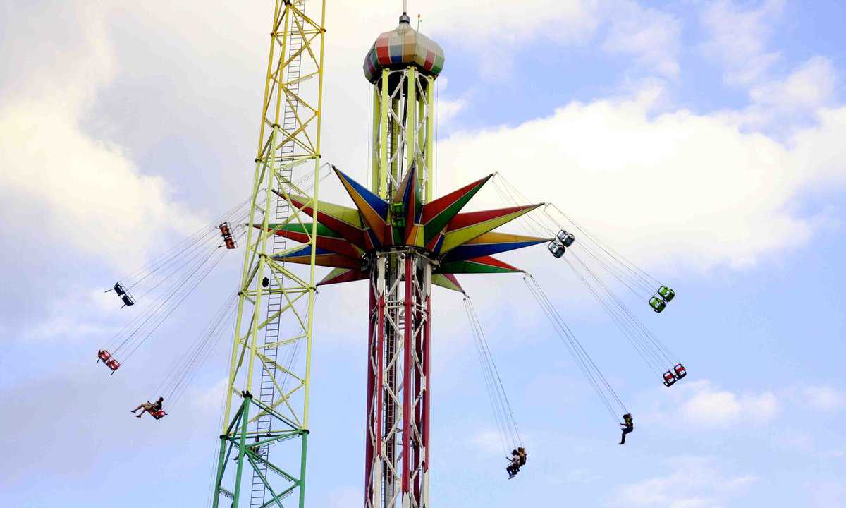 A colorful Magical Midway Thrill Park ride, featuring a tall central tower with multiple swings attached by chains, spins against a cloudy sky background. each swing carries people enjoying the ride.