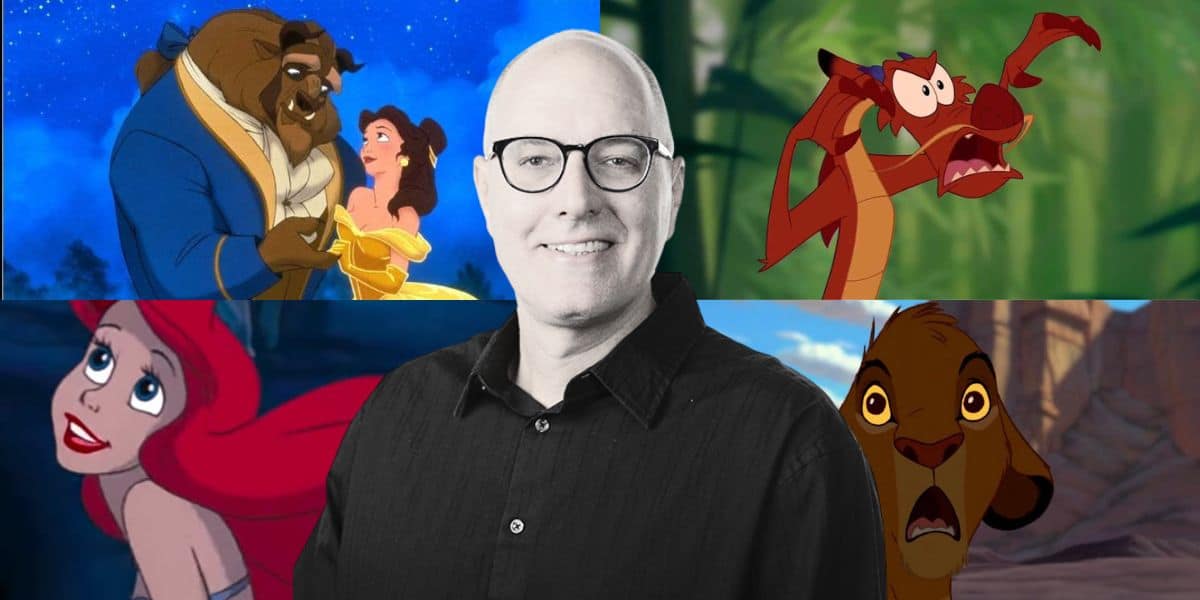 A man in glasses and a black shirt, identified as Tom Bancroft, smiles at the camera. Surrounding him are animated characters: Belle and the Beast dancing (top left), Mushu from Mulan (top right), Ariel from The Little Mermaid (bottom left), and Simba from The Lion King (bottom right).